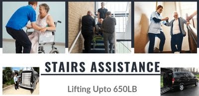 2 men assist with stairs helping someone with a wheelchair go upstairs